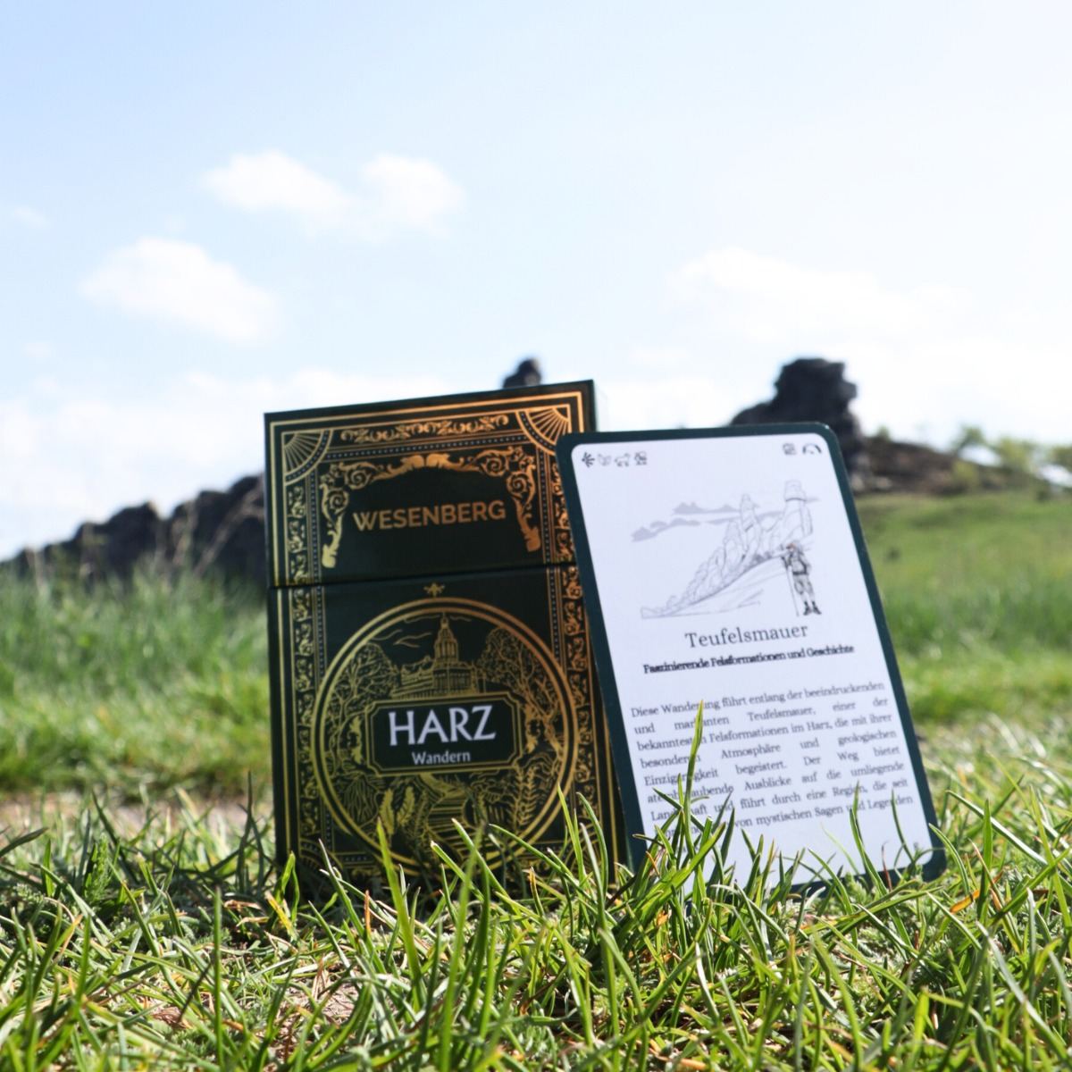 Harz-Box und Karte zur Teufelsmauer im Gras vor den Felsen